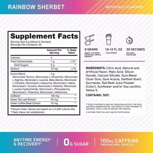 Optimum Nutrition ESSENTIAL AMIN.O. ENERGY® *new* Rainbow Sherbet - Notify Me 0.6 lb - Notify me Egypt | 6839042-TG