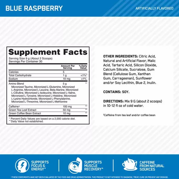 Optimum Nutrition ESSENTIAL AMIN.O. ENERGY® Blue Raspberry 0.6 lb (30 Servings) Egypt | 3182549-AF