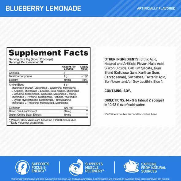 Optimum Nutrition ESSENTIAL AMIN.O. ENERGY® Blueberry Lemonade 0.6 lb (30 Servings) Egypt | 4736289-QJ