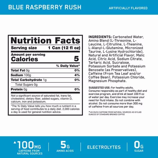 Optimum Nutrition ESSENTIAL AMIN.O. ENERGY+ Electrolytes Sparkling *new* Blue Raspberry Rush 355ml * 12 Cans (12 Servings) Egypt | 1482093-IQ