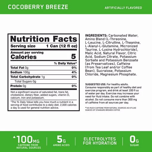 Optimum Nutrition ESSENTIAL AMIN.O. ENERGY+ Electrolytes Sparkling *new* Cocoberry Breeze 355ml * 12 Cans (12 Servings) Egypt | 2386074-KN