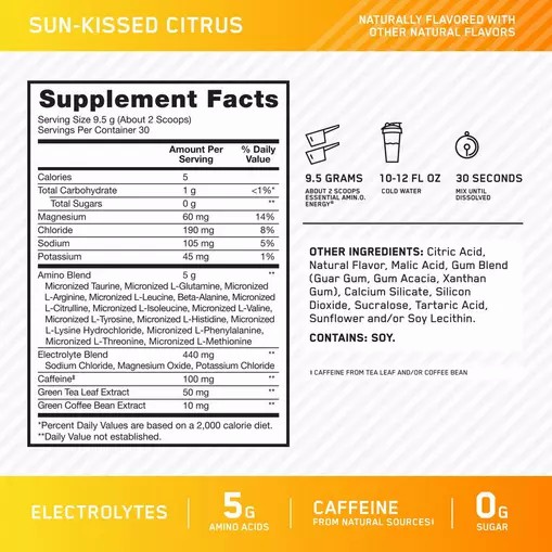 Optimum Nutrition Essential AMIN.O. ENERGY + Electrolytes *new* Sun-kissed Citrus 0.63 lb (30 Servings) Egypt | 6143270-NF