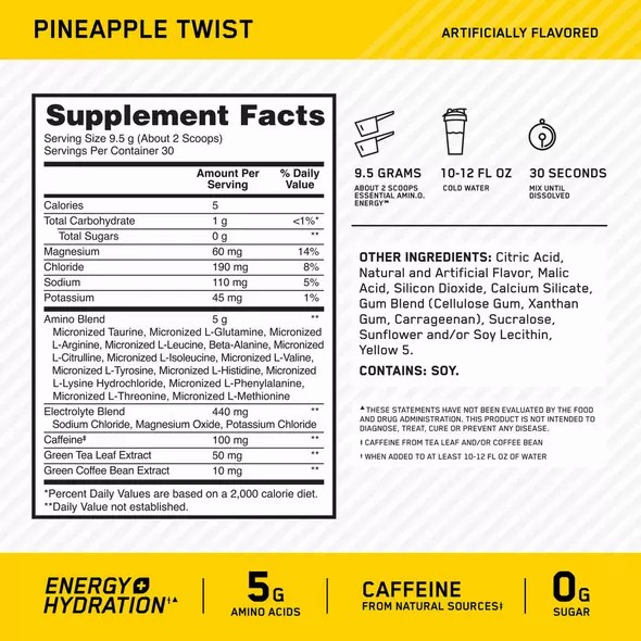 Optimum Nutrition Essential AMIN.O. ENERGY + Electrolytes Pineapple Twist 0.63 lb (30 Servings) Egypt | 4378129-TD