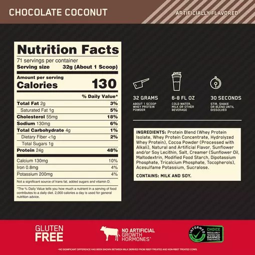 Optimum Nutrition GOLD STANDARD 100% WHEY™ Chocolate Coconut 5 lb (71 Servings) Egypt | 4281763-ZR