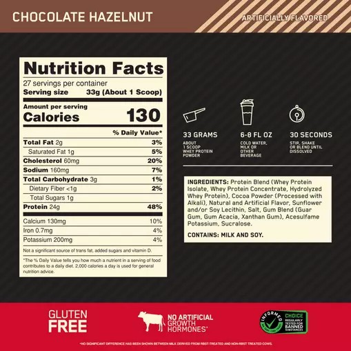 Optimum Nutrition GOLD STANDARD 100% WHEY™ Chocolate Hazelnut 2 lb (27 Servings) Egypt | 6710854-UP