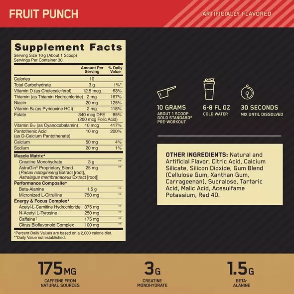 Optimum Nutrition GOLD STANDARD® Pre-Workout Fruit Punch 0.66 lb (30 Servings) Egypt | 9786302-FA