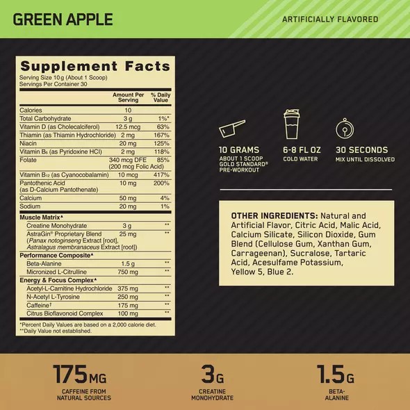 Optimum Nutrition GOLD STANDARD® Pre-Workout Green Apple 0.66 lb (30 Servings) Egypt | 2430571-VN