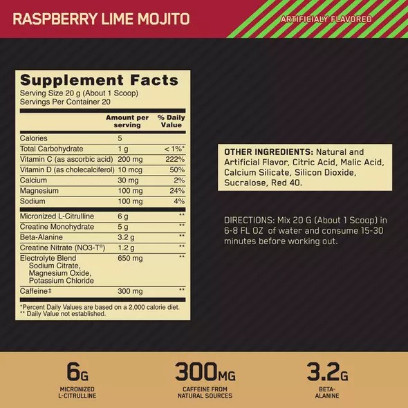 Optimum Nutrition GOLD STANDARD® Pre Advanced Raspberry Lime Mojito 0.88 lb (20 Servings) Egypt | 8296145-MO