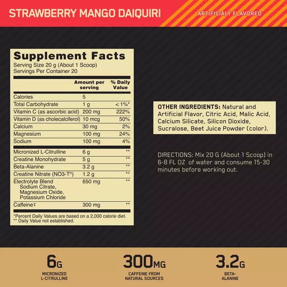 Optimum Nutrition GOLD STANDARD® Pre Advanced Strawberry Mango Daiquiri 0.88 lb (20 Servings) Egypt | 6189250-WL