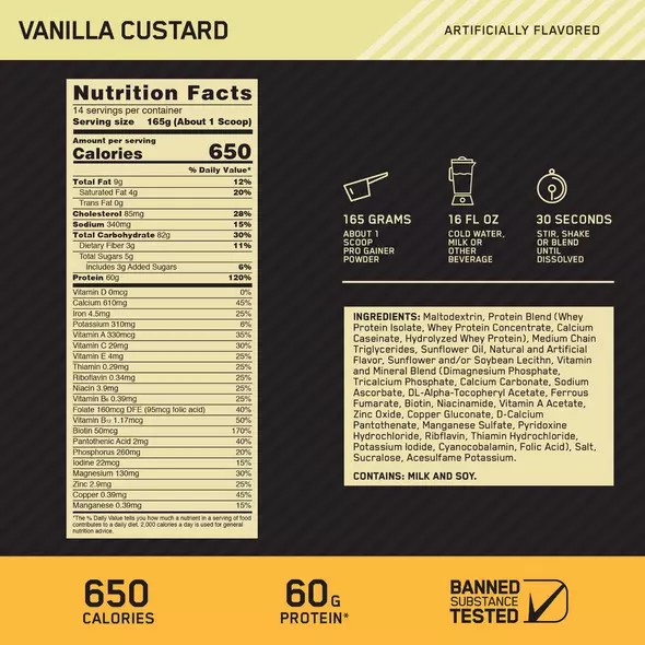 Optimum Nutrition GOLD STANDARD® Pro Gainer Vanilla Custard 5.09 lb (14 Servings) Egypt | 2379864-HE