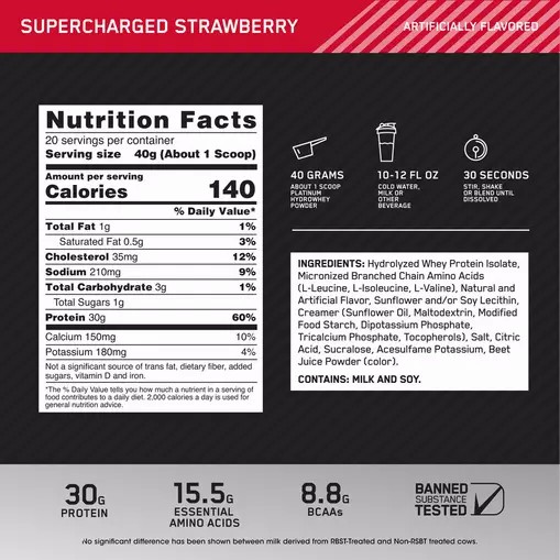 Optimum Nutrition PLATINUM HYDROWHEY™ Supercharged Strawberry 1.76 lb (20 Servings) Egypt | 1483790-LX