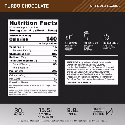 Optimum Nutrition PLATINUM HYDROWHEY™ Turbo Chocolate 3.61 lb (40 Servings) Egypt | 3206798-AY