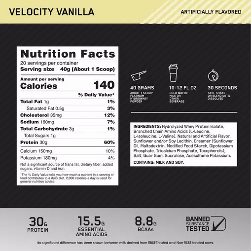 Optimum Nutrition PLATINUM HYDROWHEY™ Velocity Vanilla 1.76 lb (20 Servings) Egypt | 1370985-TV