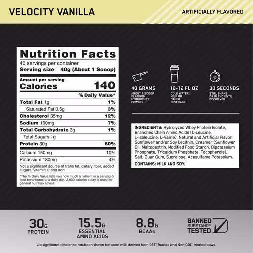 Optimum Nutrition PLATINUM HYDROWHEY™ Velocity Vanilla 3.52 lb (40 Servings) Egypt | 1026739-UG