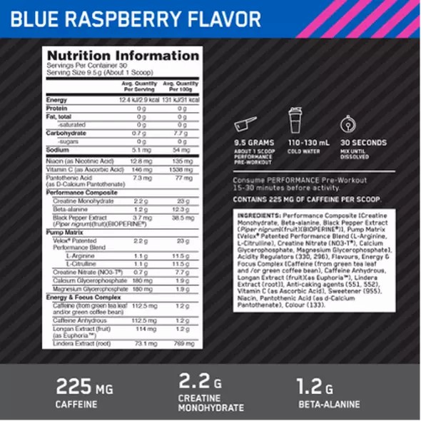 Optimum Nutrition Performance Pre-Workout Blue Raspberry 285g Egypt | 8726930-BT