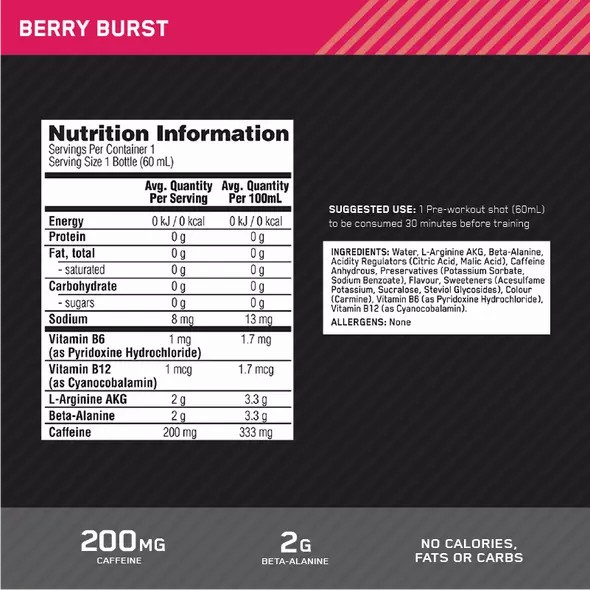 Optimum Nutrition Pure Pre 200 Pre-Workout Shot Berry 60ml (12 shots) Egypt | 2509138-GH