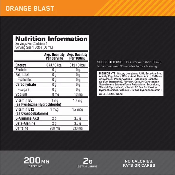 Optimum Nutrition Pure Pre 200 Pre-Workout Shot Orange 60ml (12 shots) Egypt | 2063587-BN