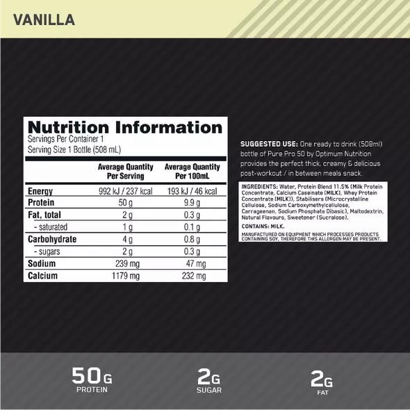 Optimum Nutrition Pure Pro 50 Vanilla 508ml (12 bottles) Egypt | 0658971-CM